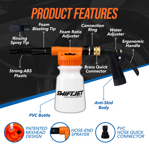 Car Wash Foam Gun Sprayer with Thick Suds - Adjustable Water Pressure & Soap Ratio Dial - Foam Cannon Attaches to Any Garden Hose (Foam Sprayer)
